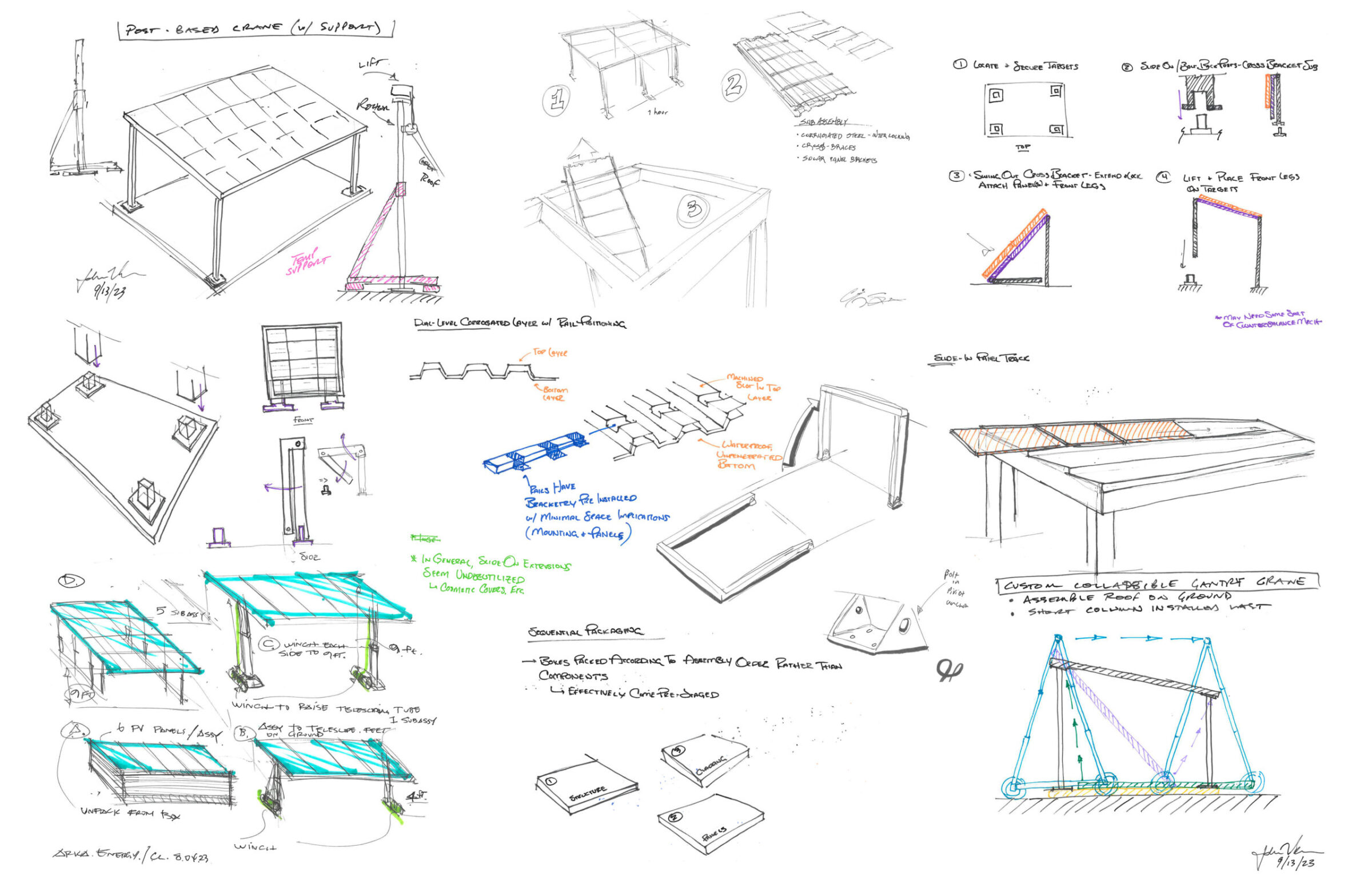 A collection of hand-drawn architectural sketches and diagrams illustrating different
