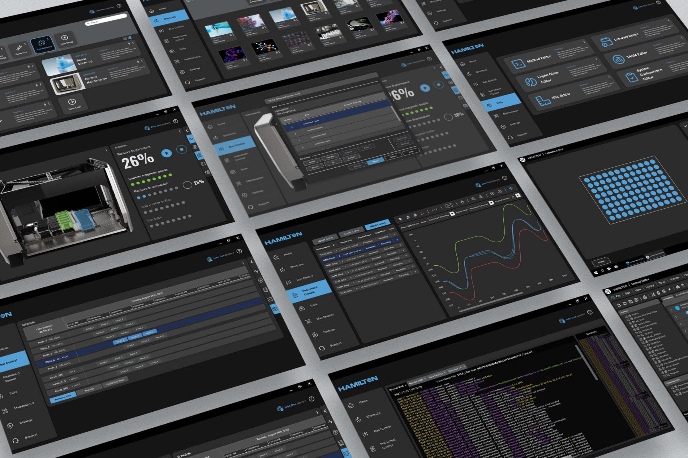 A collection of Hamilton Venus Software interface screens is displayed in an angled