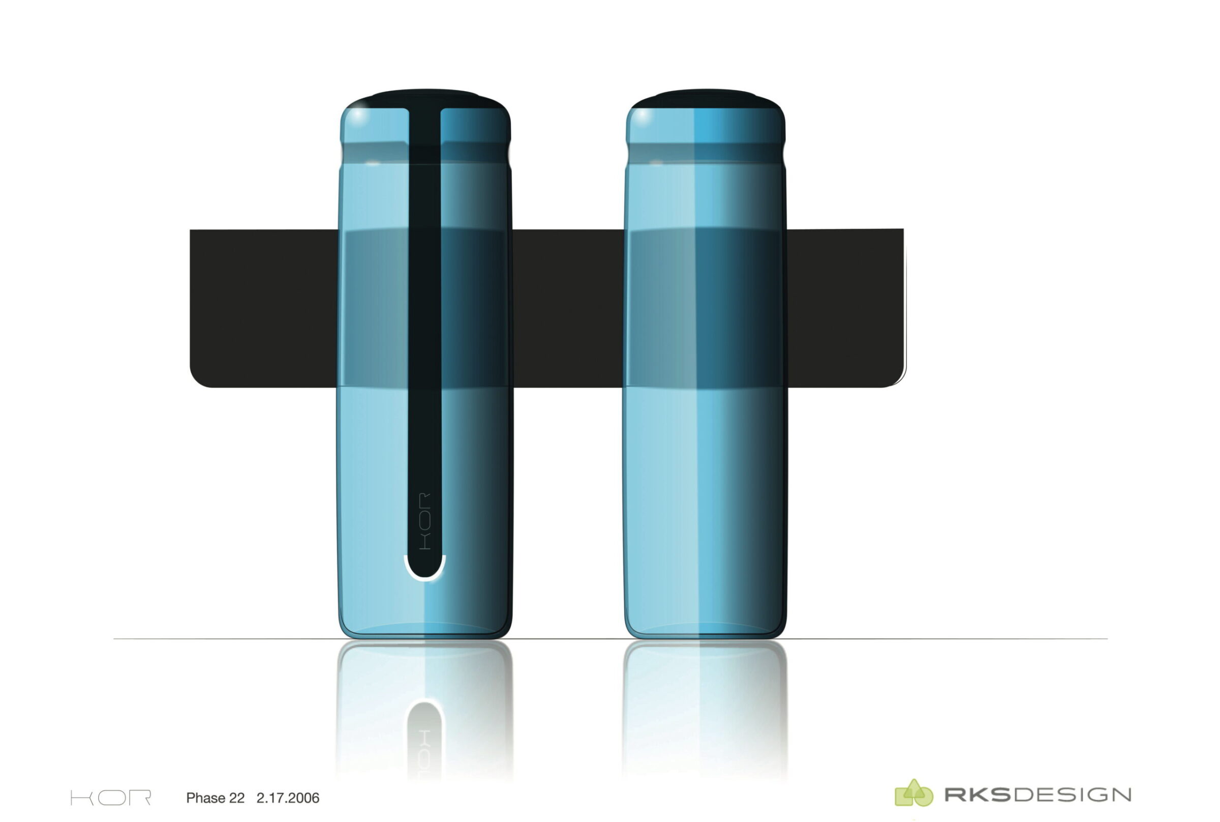 Two sleek, blue cylindrical bottles with rounded tops are placed side by side in