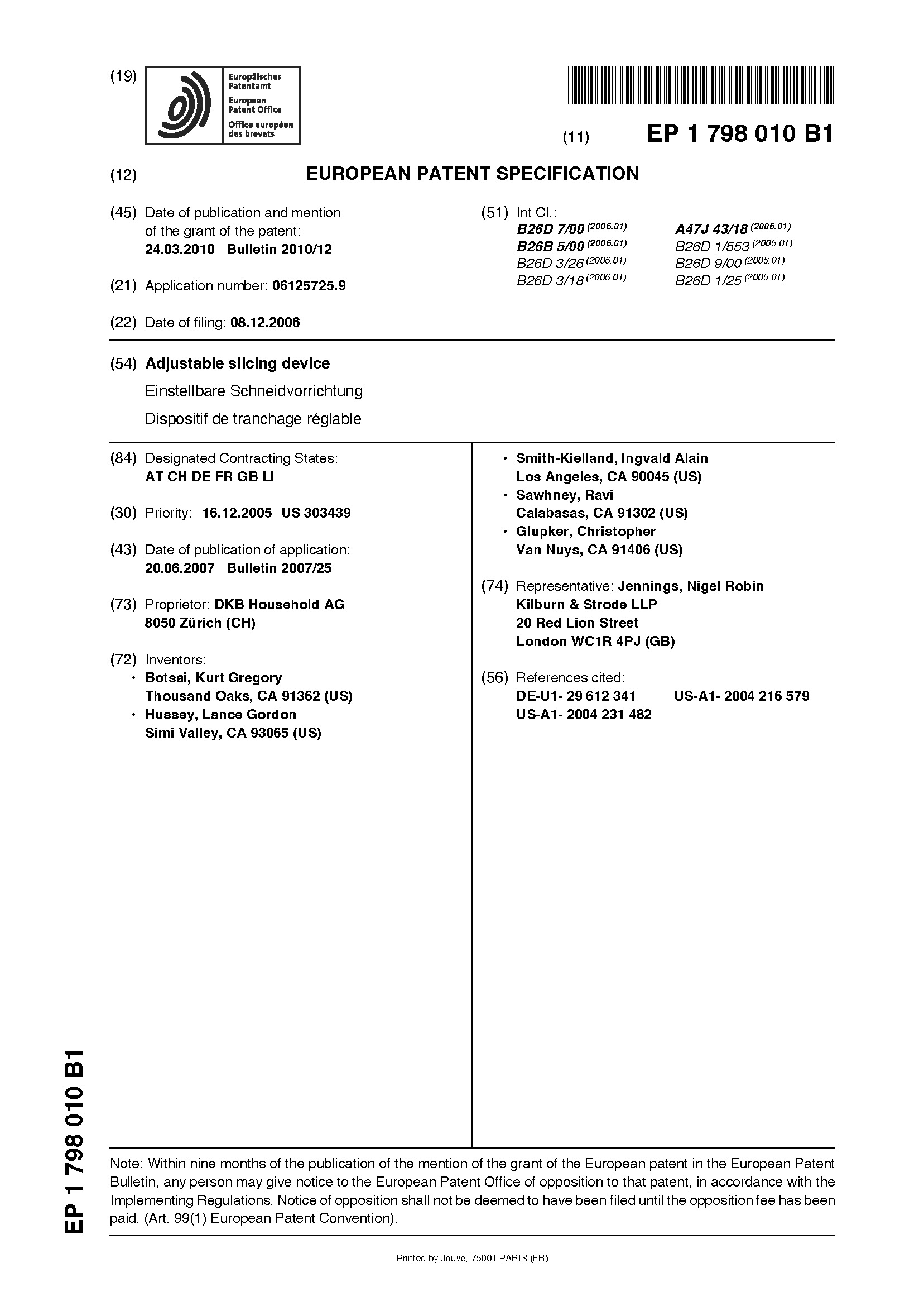 European Patent Specification for an adjustable slicing device by Swiss kitchen tools brand Zyliss.