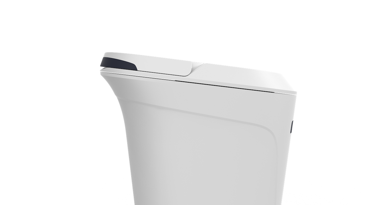 A modern, sleek white toilet with a curved design and an angled lid, set against…