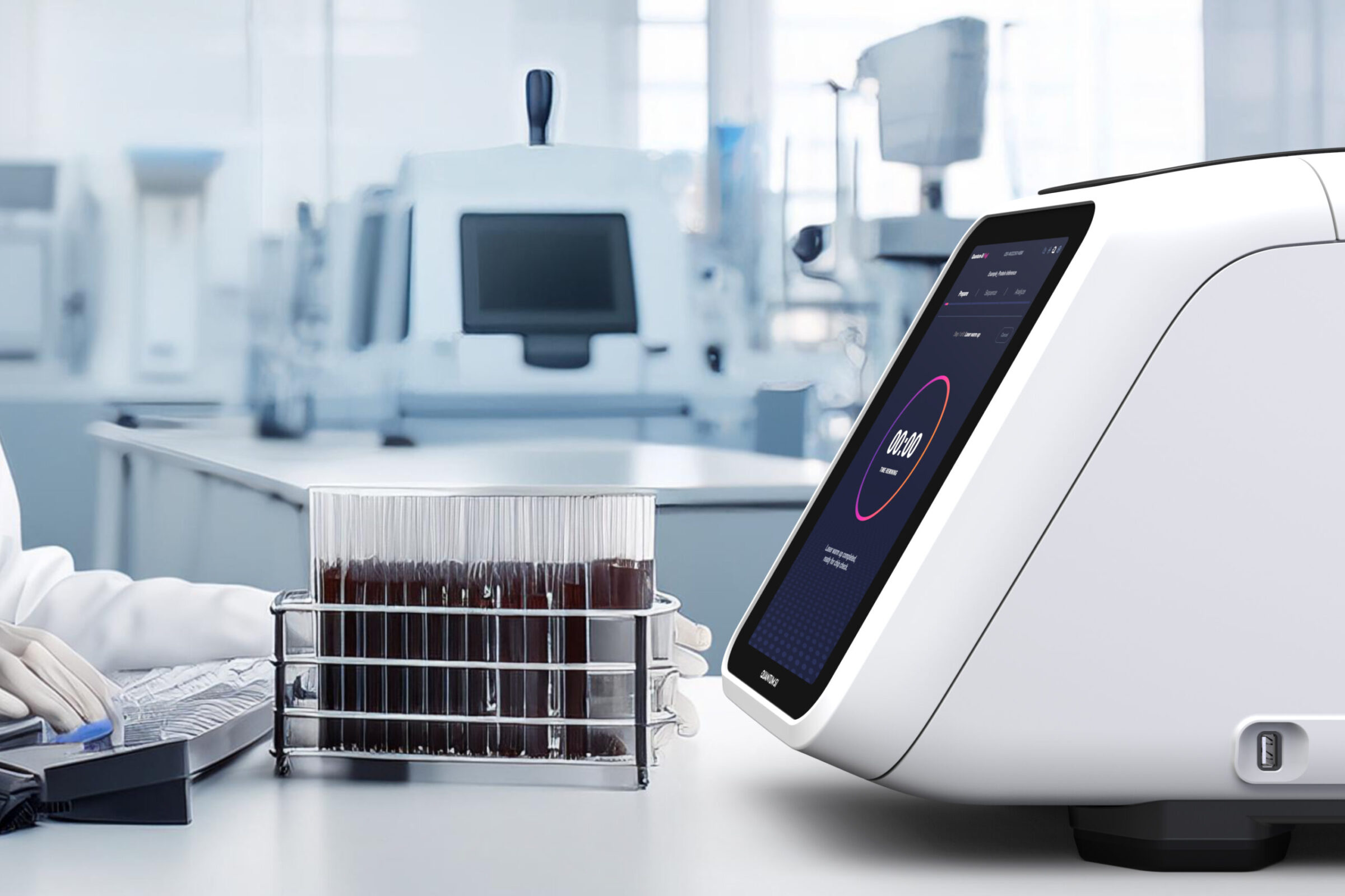 A scientist using the Quantum-Si Platinum Pro sequencing device in a laboratory.