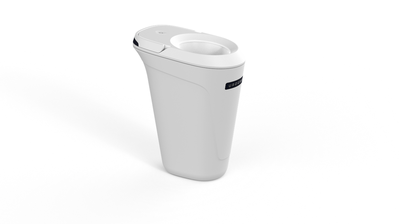 A modern, sleek, white touchless trash can with a curved top and an automatic sensor,…