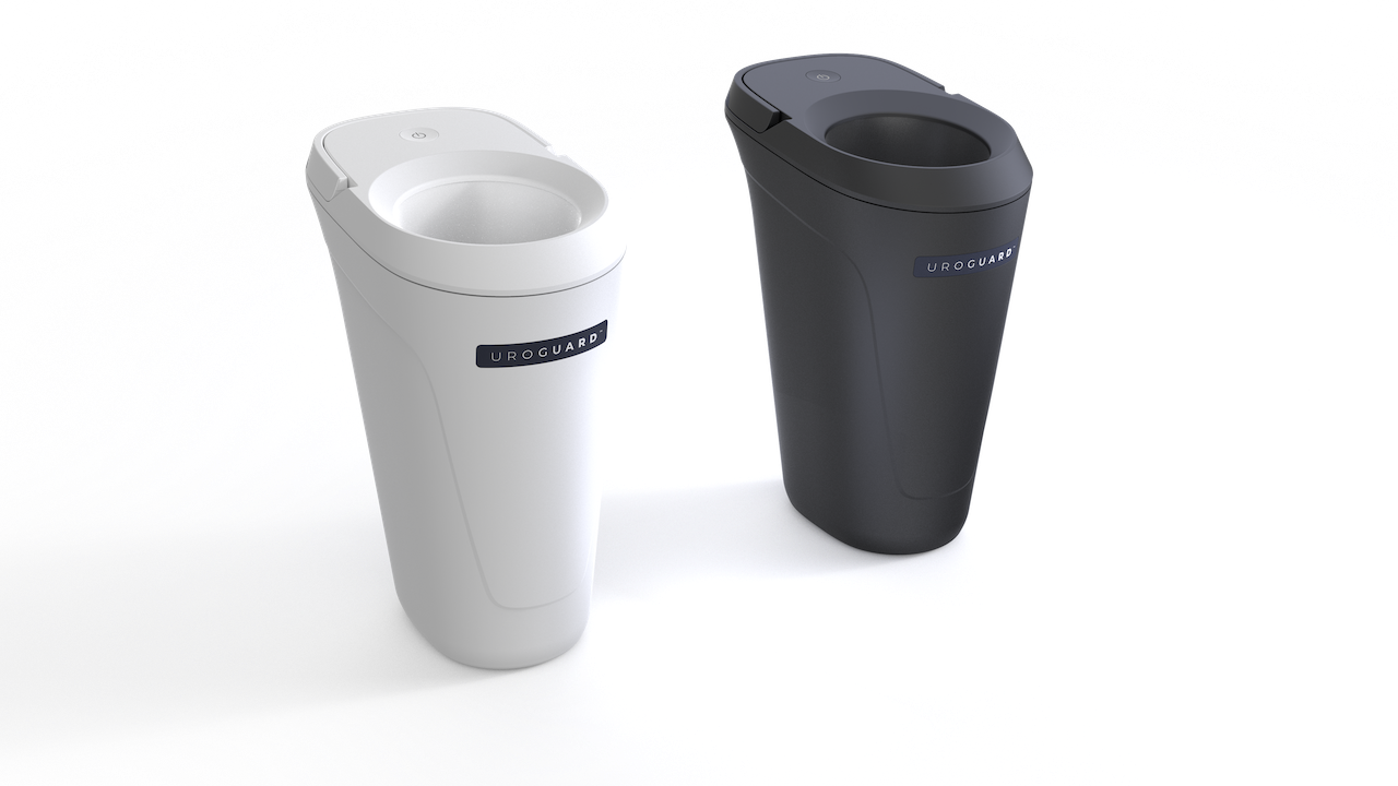 Two modern, sleek medical urinal devices labeled UROGUARD, one in white and one…