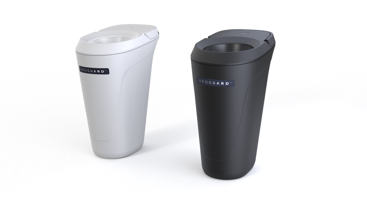 Two modern, sleek medical devices labeled UROGUARD, one white and one black, stand…