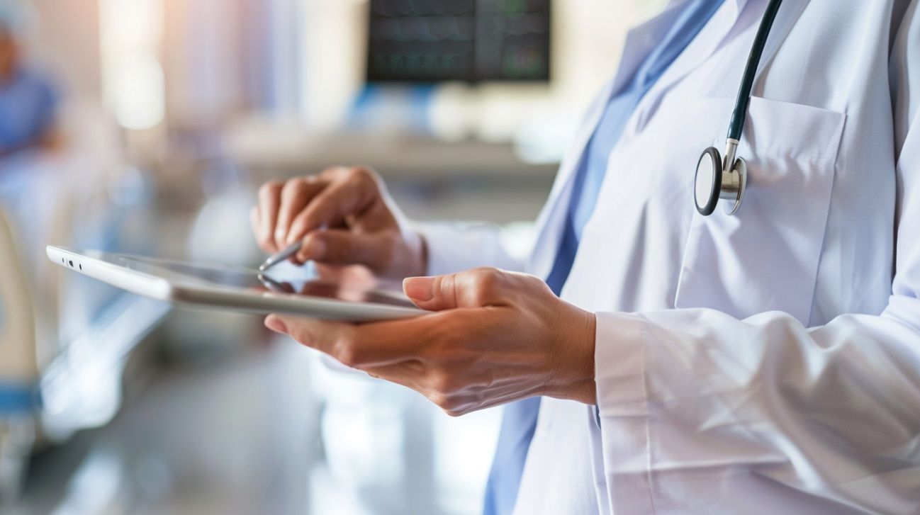 A healthcare professional in a white coat and stethoscope uses a stylus on a digital…