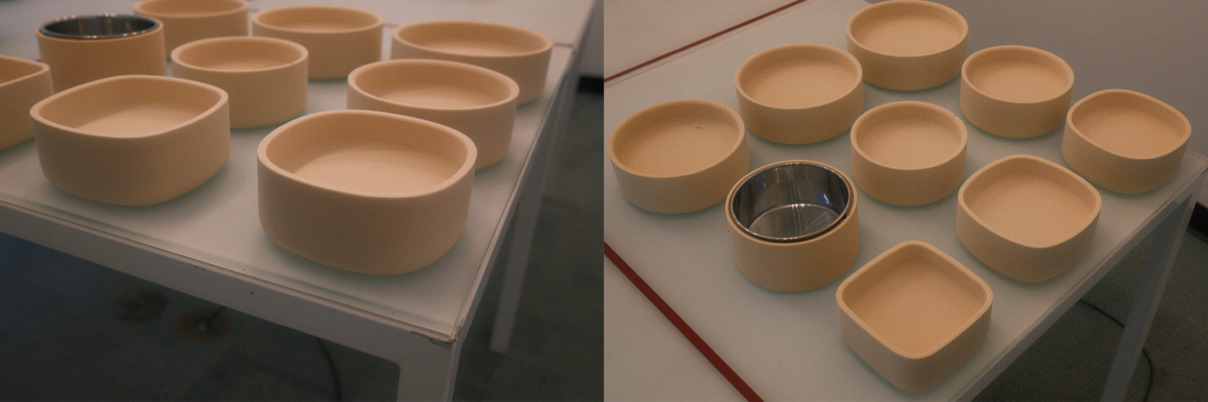 Two images side by side show beige, rounded ceramic bowls on white tables.