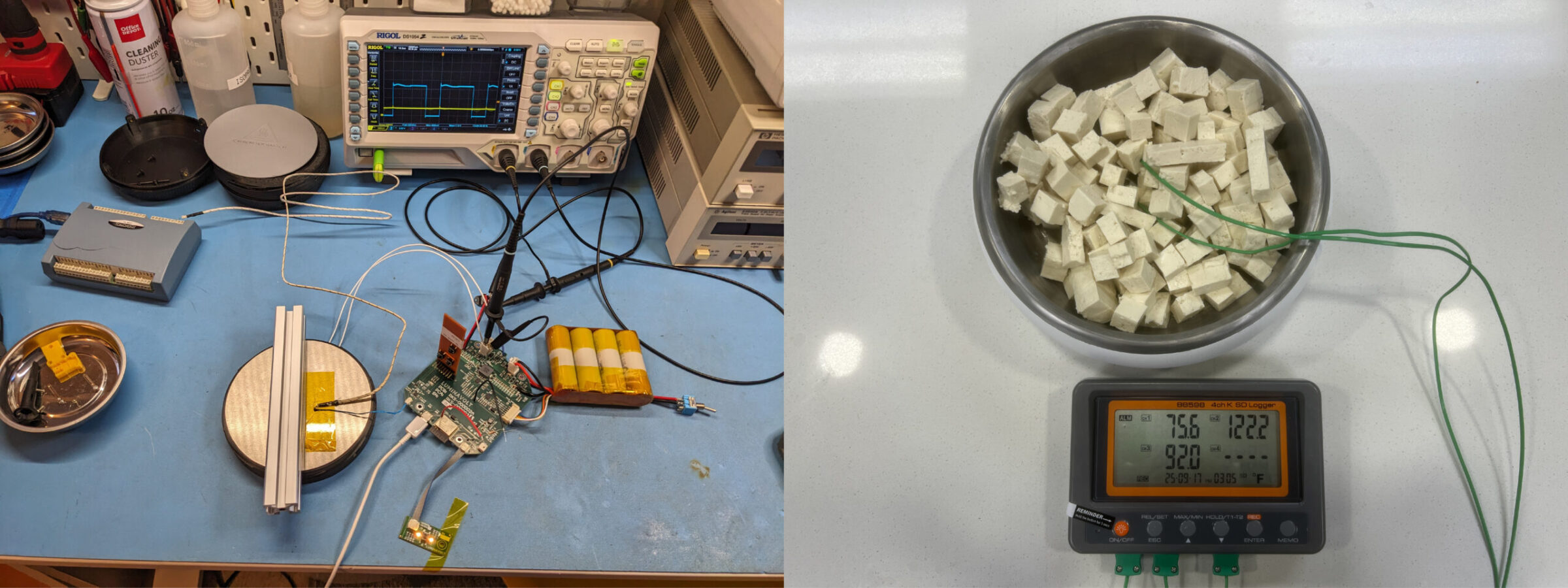 A split image: left shows electronics equipment, circuit boards, and an oscilloscope…