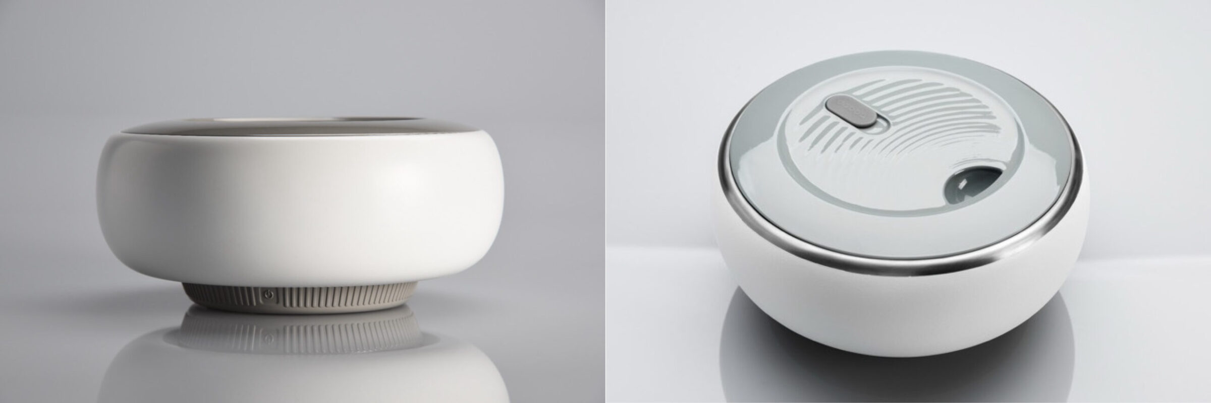 Two views of a modern, round, white electronic pet water fountain: a side view showing…