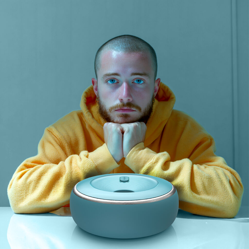 A man in a yellow hoodie sits at a table, resting his chin on his hands, and looks…
