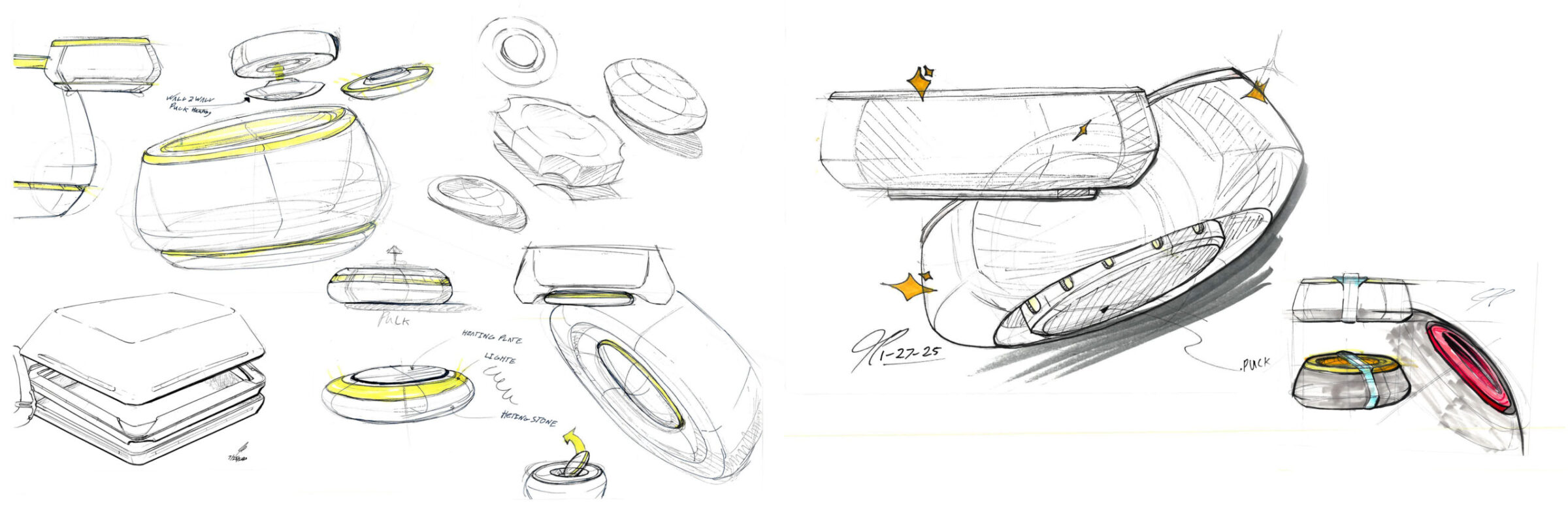 Hand-drawn concept sketches of a rounded electronic device, showing exploded views…