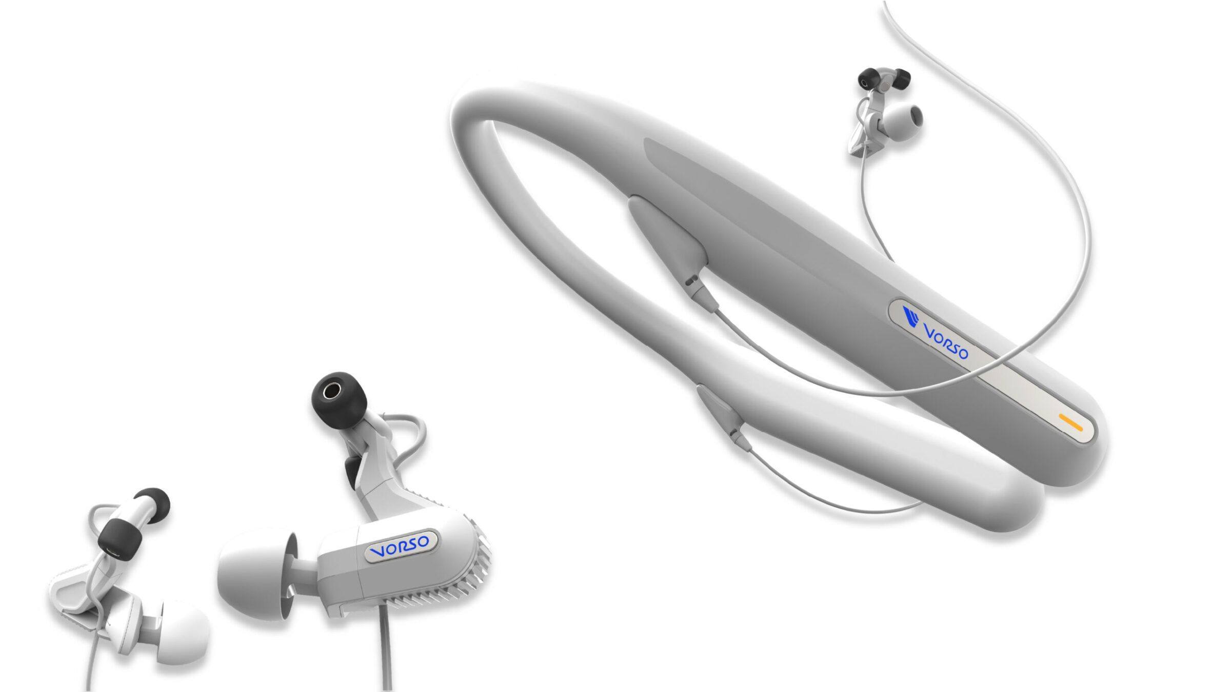 A close-up of white wireless earbuds labeled VORSO, with ear tips and a neckband-style…