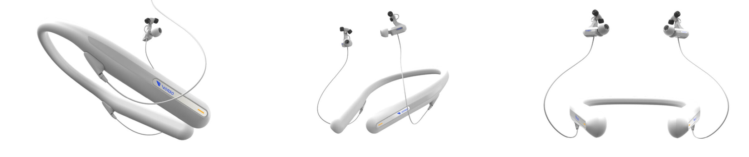 Three views of white wireless neckband earphones with attached earbuds, displayed…