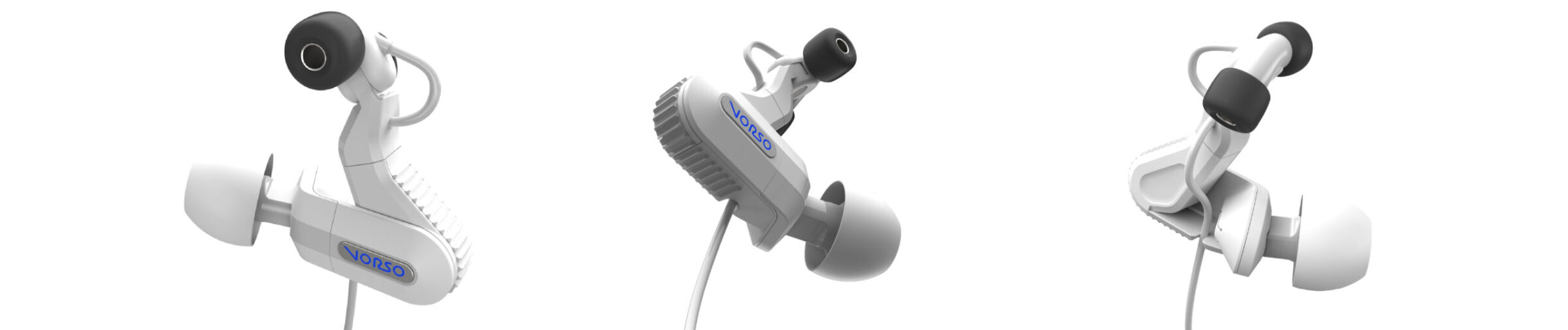 Close-up images of a white and gray VIXIO-branded earbud headset, shown from three…