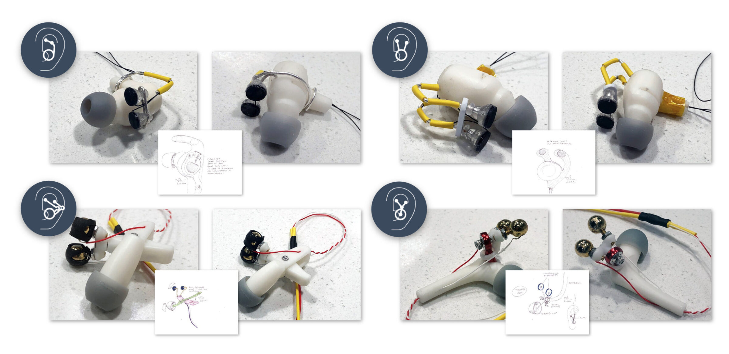Eight photos of in-ear devices with wires, ear tips, and attached components, each…
