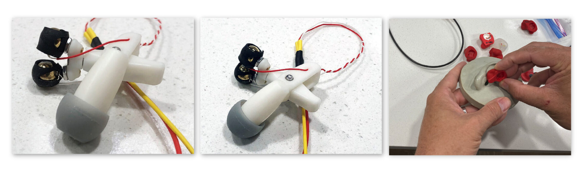 A three-panel image shows a small robotic device with wires and 3D-printed parts…