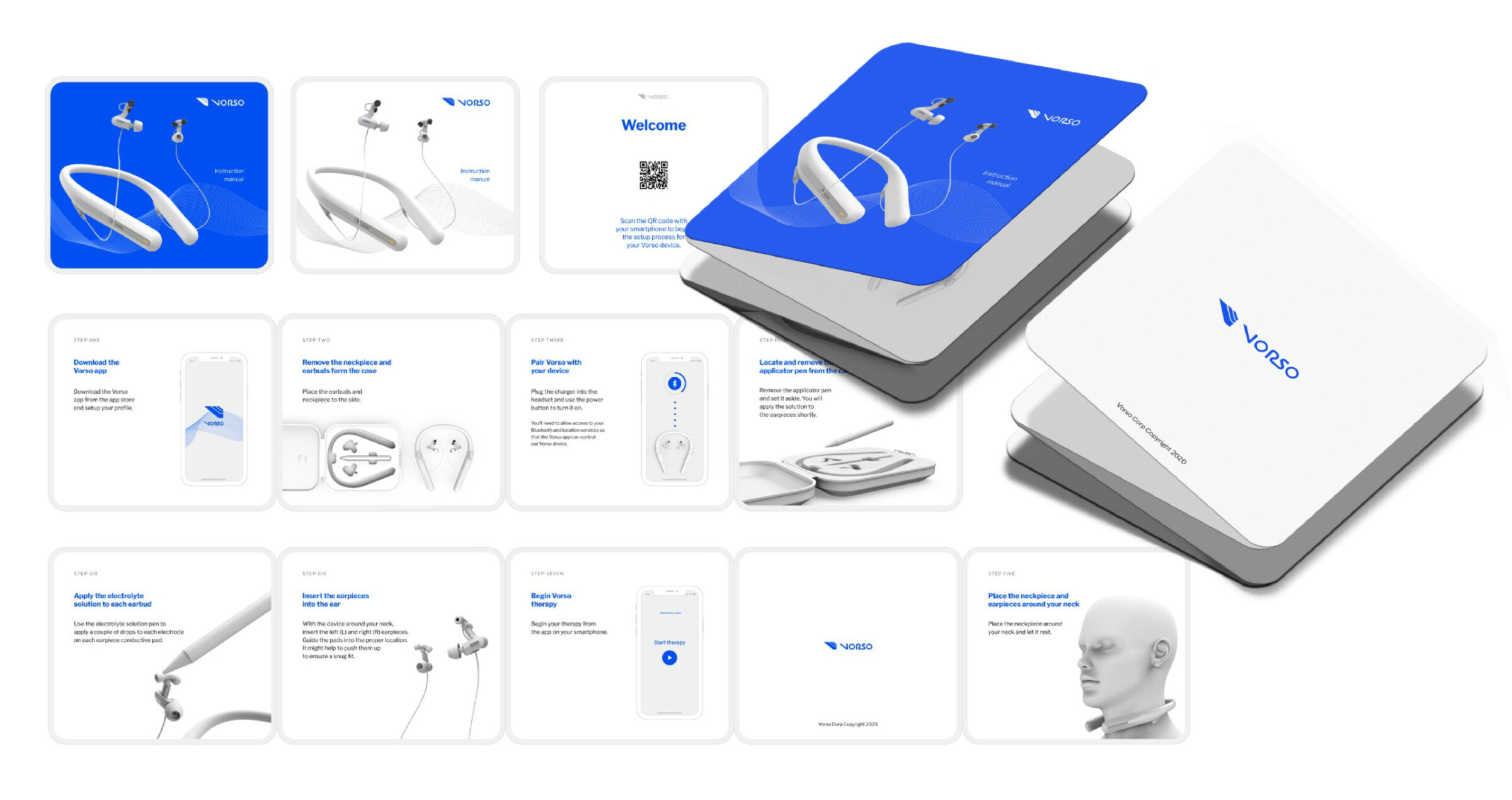 Instructional graphic showing a wireless headset, its components, setup steps, app…
