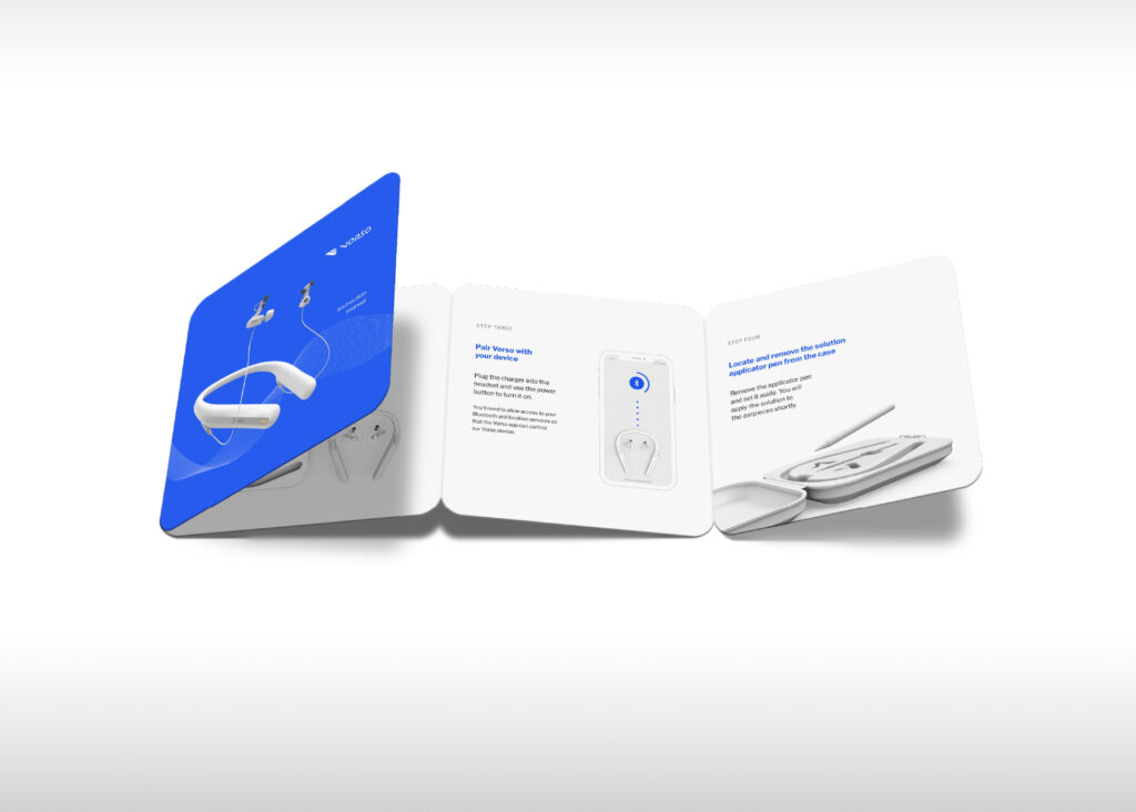A three-panel product brochure displays wireless earbuds, their charging case, and…