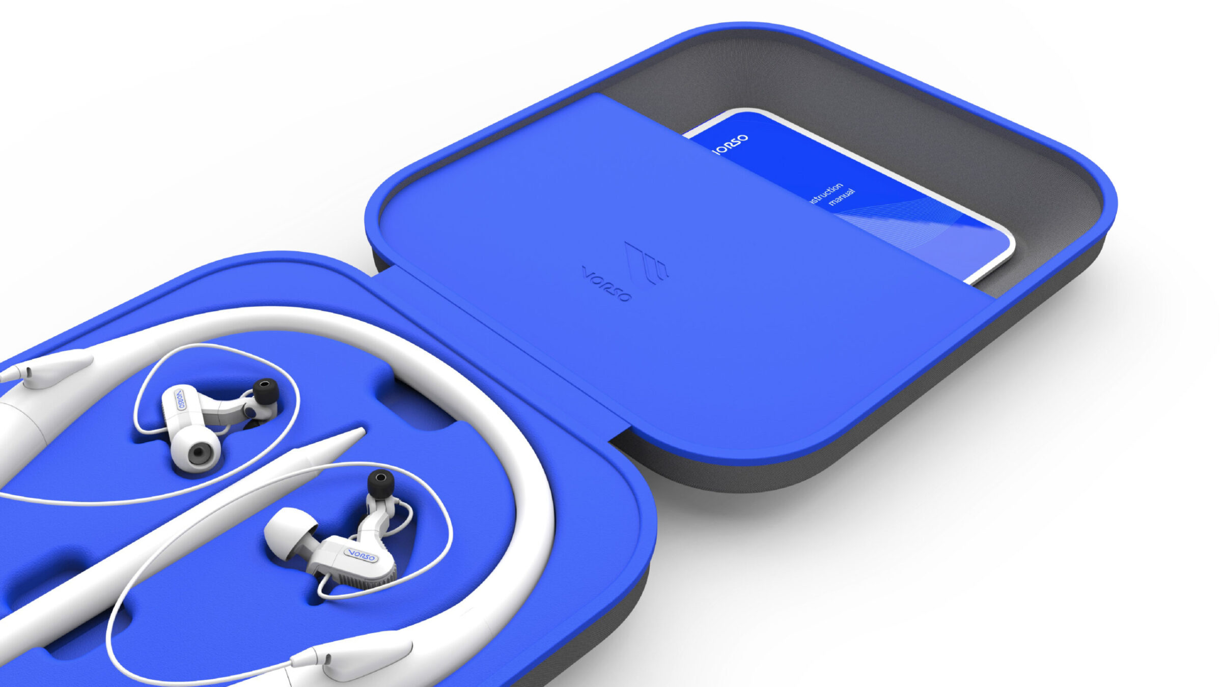 A blue protective case is open, revealing a pair of white wireless neckband earbuds…