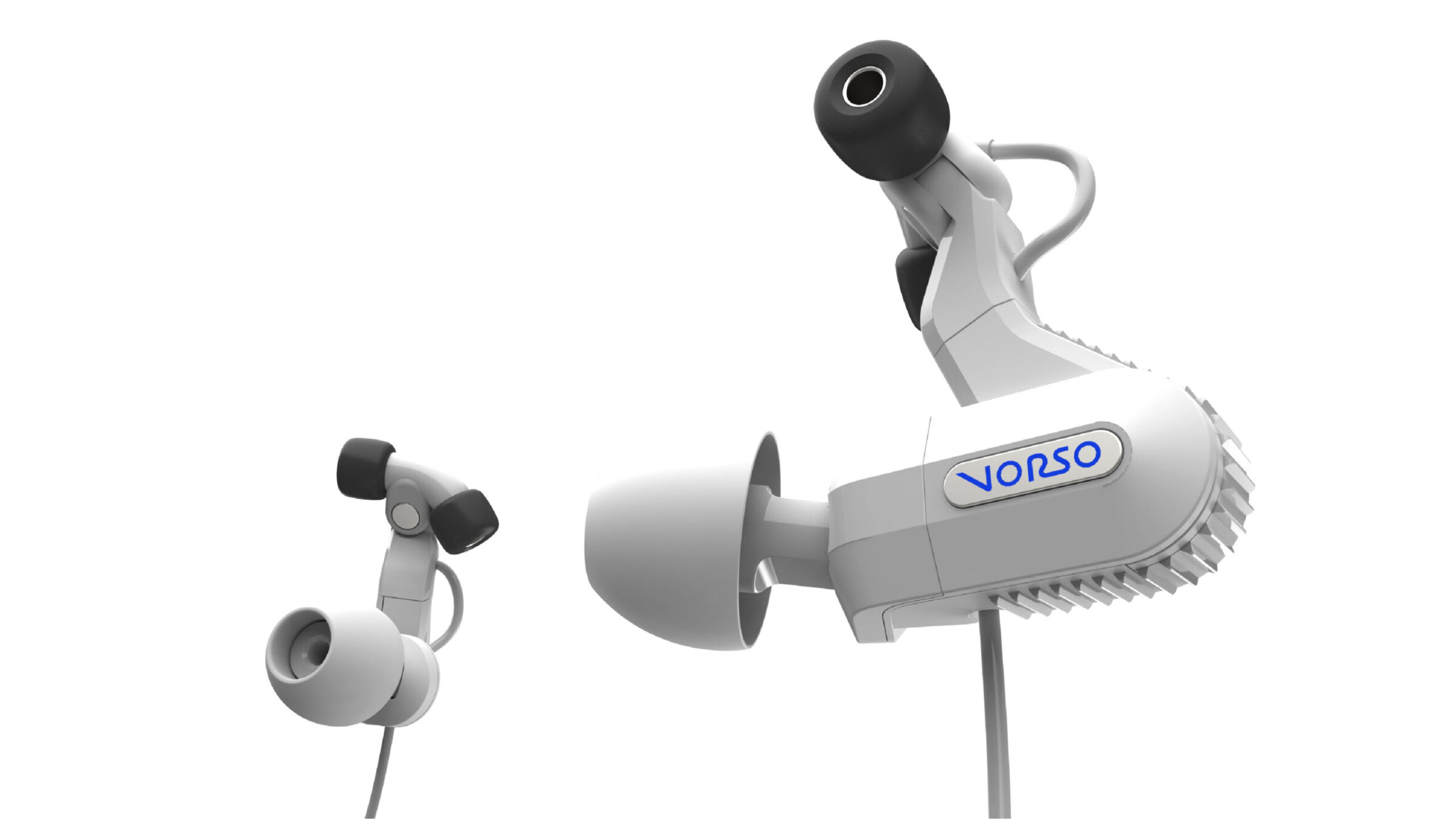 A pair of white in-ear headphones with black earbuds, featuring the brand name VORSO…