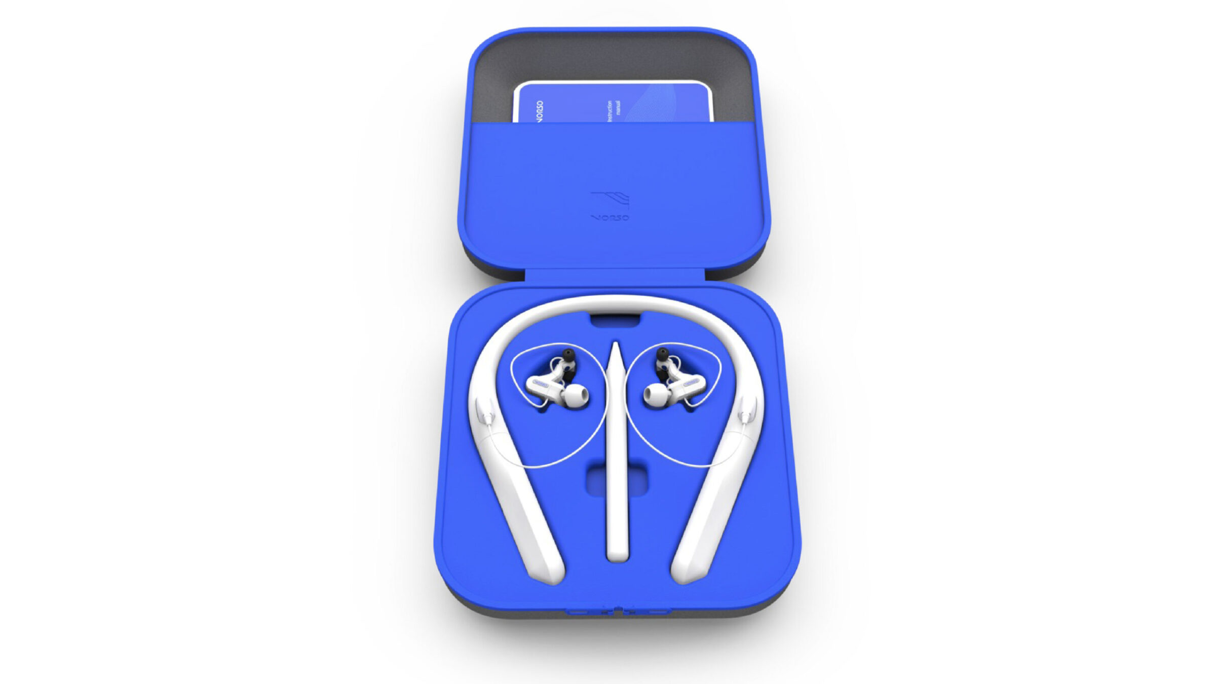 A pair of white wireless neckband earphones with attached earbuds are neatly placed…