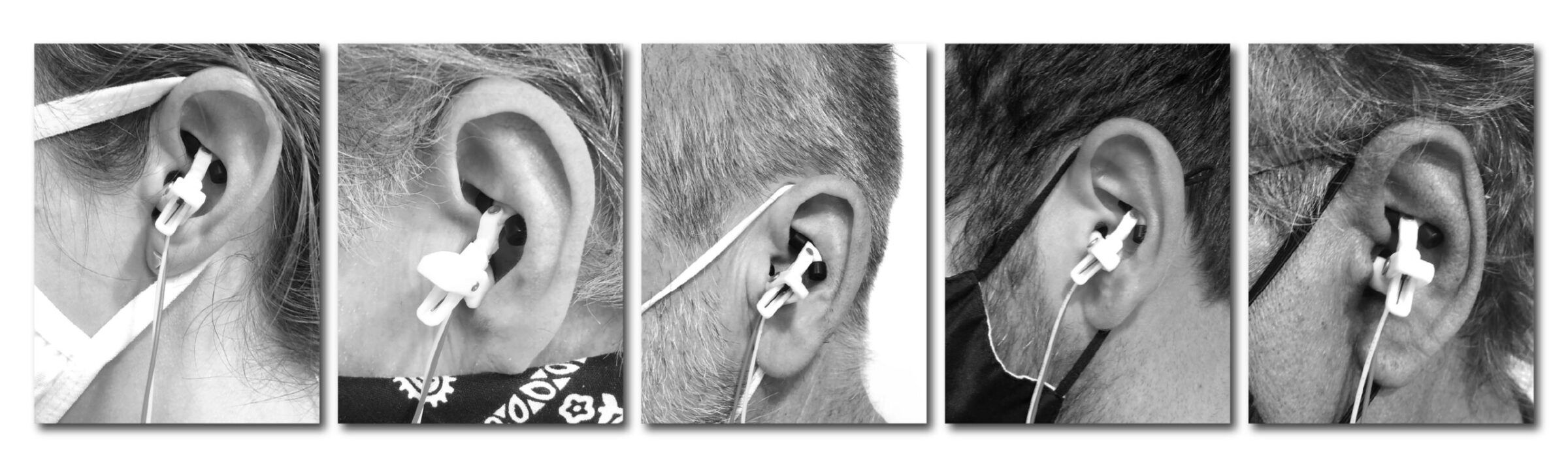 Five black-and-white photos show close-ups of different people’s ears, each wearing…