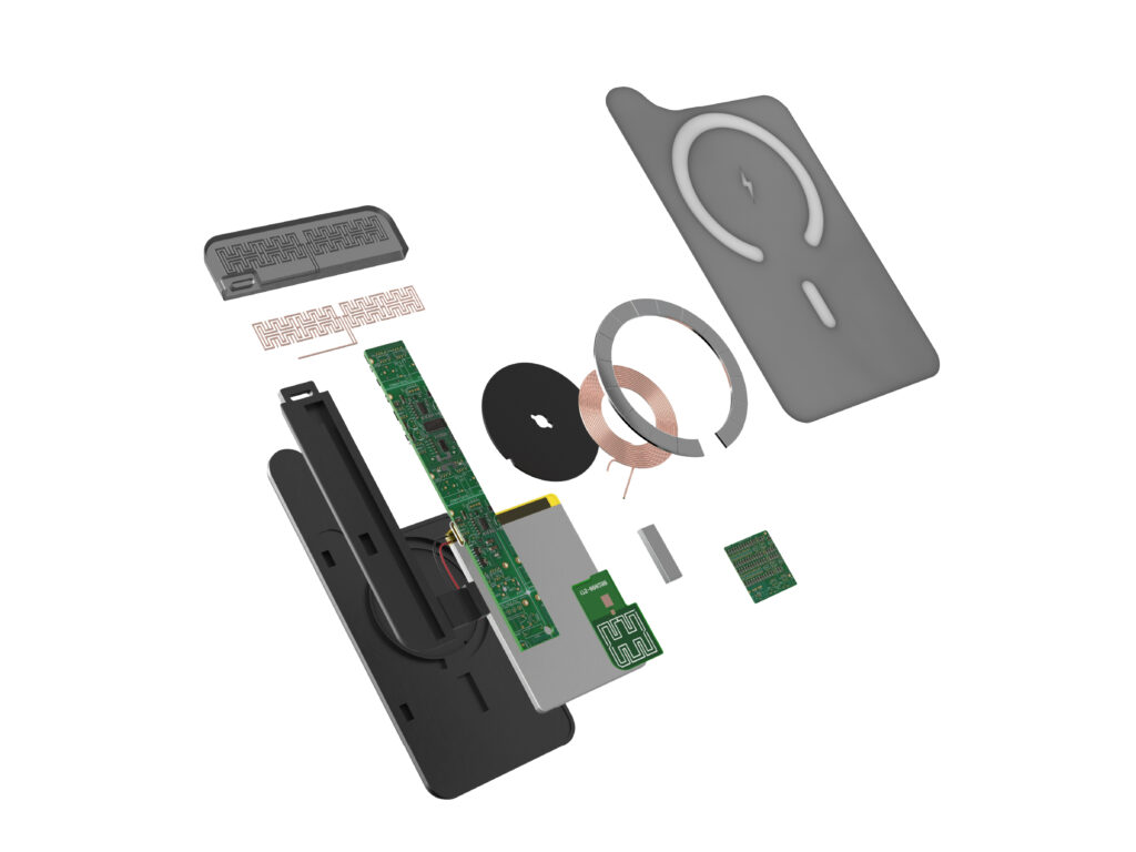 An exploded view of the wireless charging pad showing its separated internal components.