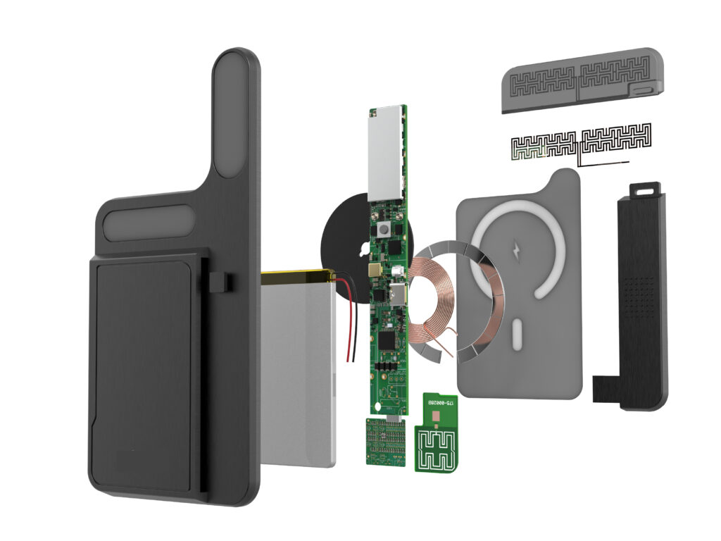 An exploded view of the LYNX device showing its internal components separated in a stack.