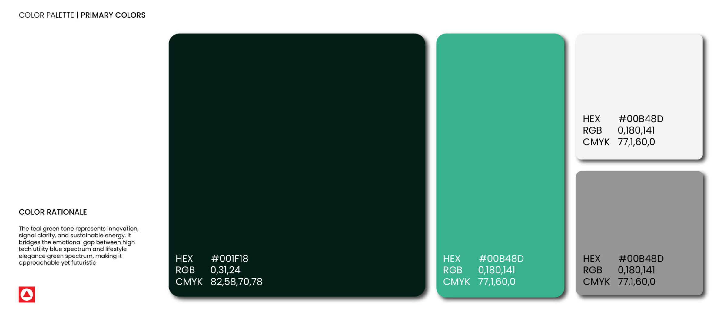 A brand color palette showing four swatches: dark teal, bright green, light grey, and medium grey.