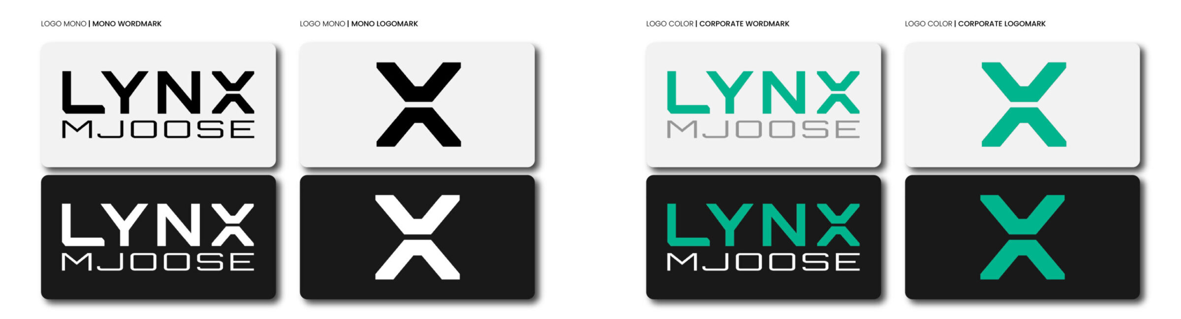 Four LYNX logo design options shown in black-and-white and teal-on-white variations.