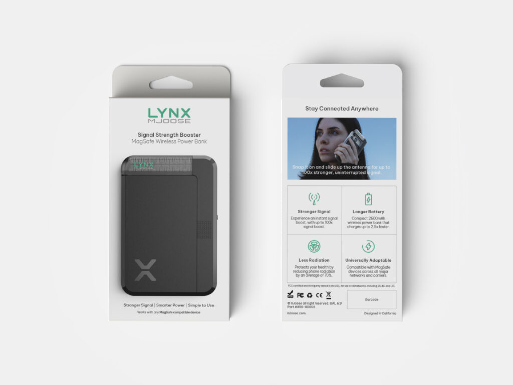 Packaging for the LYNX signal-strength-booster magnetic wireless power bank.
