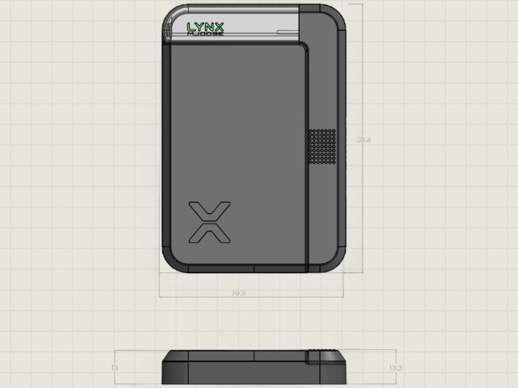 A 3D model rendering of a rectangular LYNX device with a LYNX MODE label at the top.