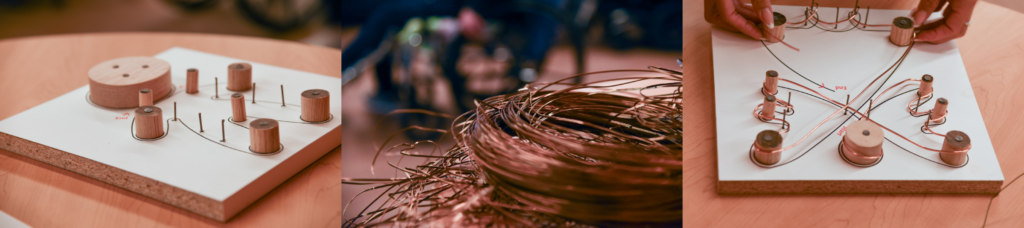 Three photos: wooden spools and pegs on a board, a coil of copper wire, and hands…