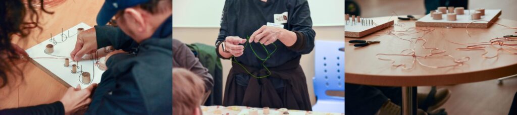 Three photos capture people’s hands working with wires and small electronic components…