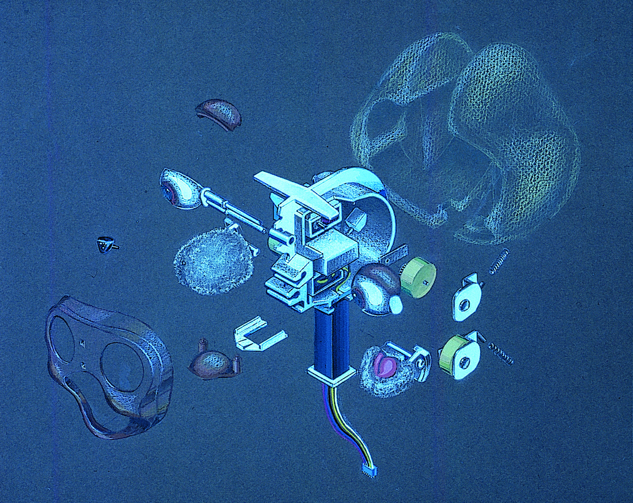 Exploded-view illustration of a talking bear's head mechanism, showing eyes, mouth pieces, motors and fur parts
