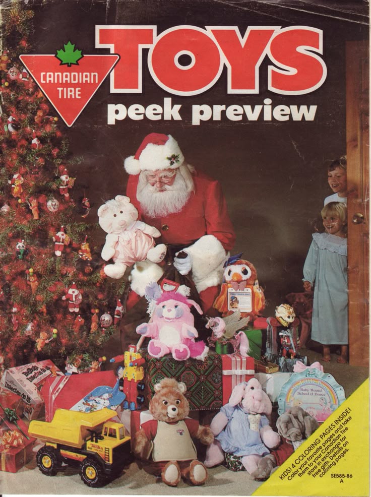 A vintage Canadian Tire catalog cover shows Santa Claus placing toys under a Christmas…
