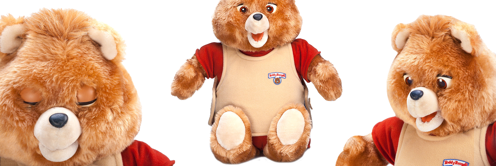 A plush Teddy Ruxpin bear with light brown fur, wearing a tan shirt with red sleeves…