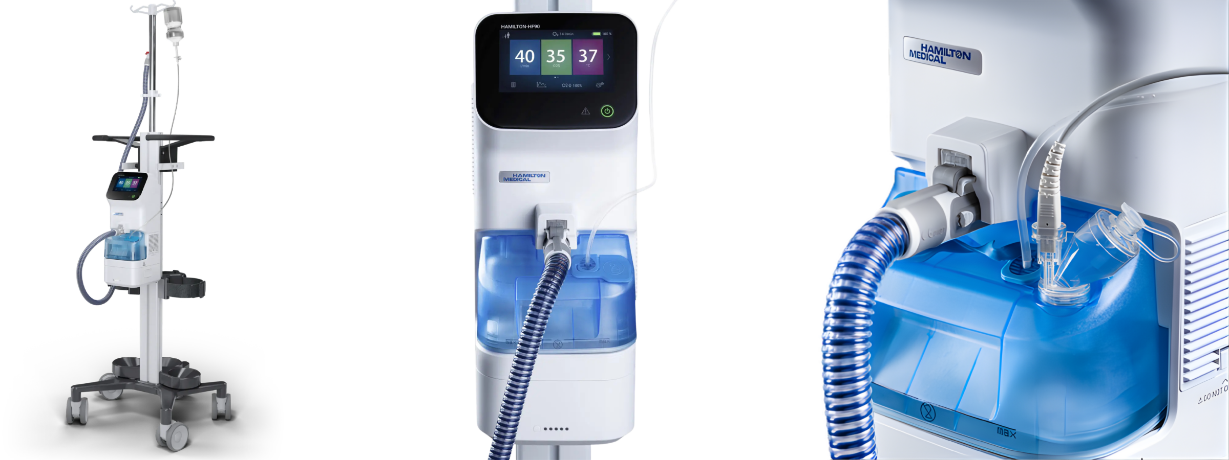 A medical ventilator machine on wheels with a digital display, blue humidifier chamber,…