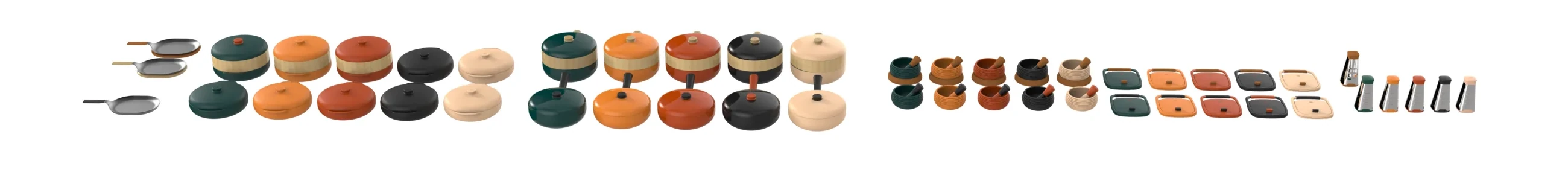 The full Kitalma range in a single line: pots, pans, steamers, grinders, mortars and tools in green, clay, sand and black.