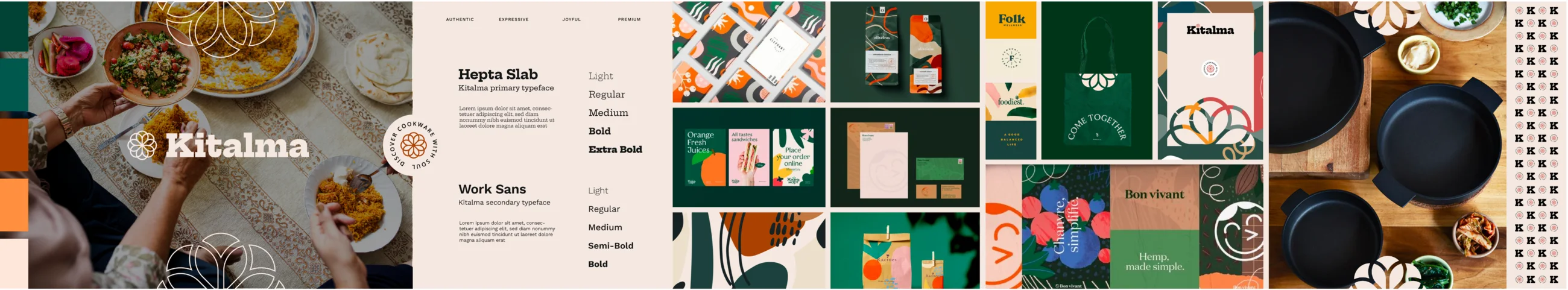 Kitalma brand board with food photography, typography, pattern and packaging in clay, green and sand.