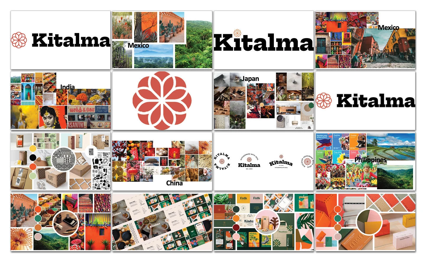 Kitalma identity development: wordmark, rosette mark, badge lockups, cuisine mood boards for Mexico, India, Japan, China and the Philippines, and color direction.