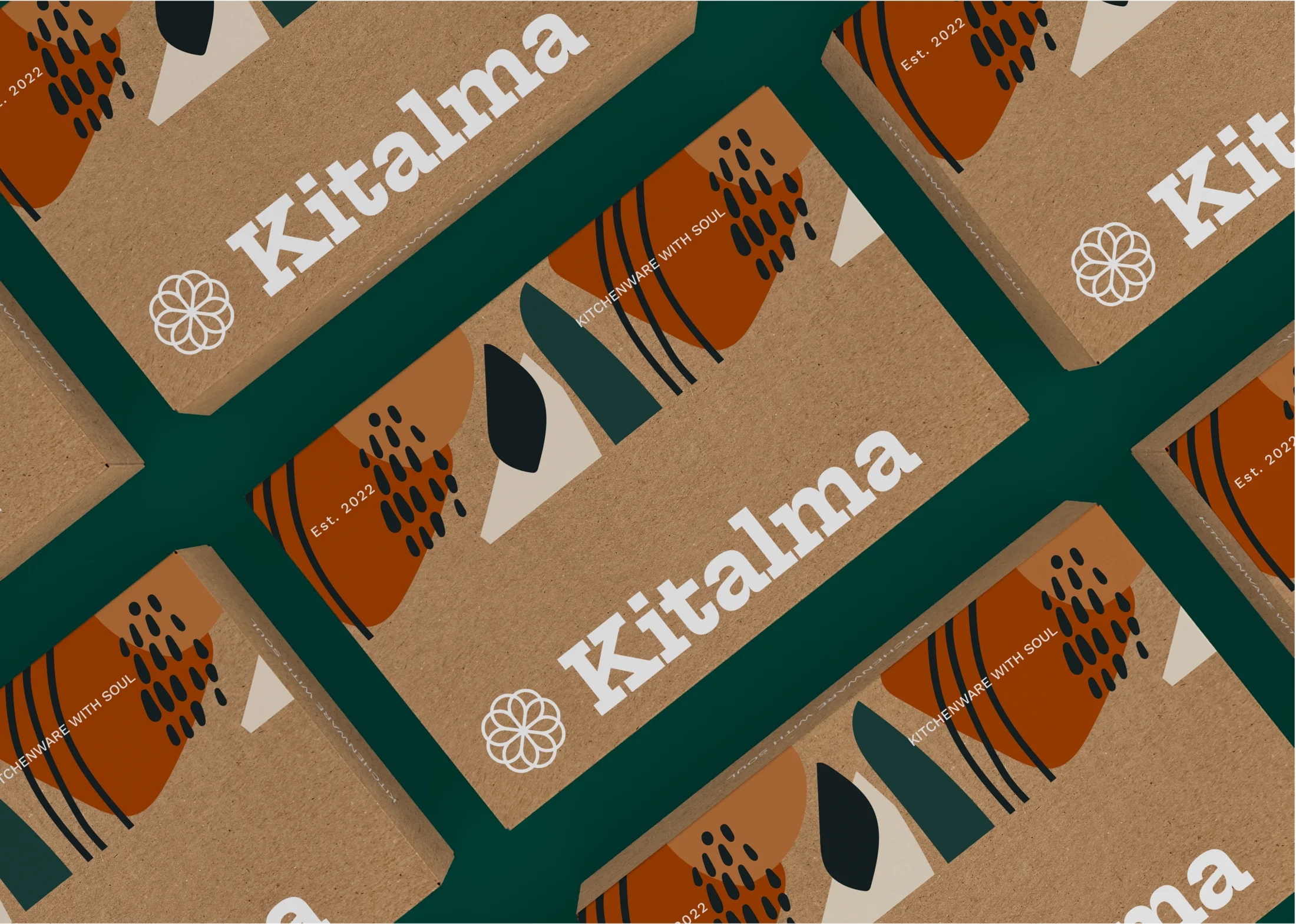 Kraft packaging sleeves printed with the Kitalma wordmark, rosette and a clay and black pattern on dark green.