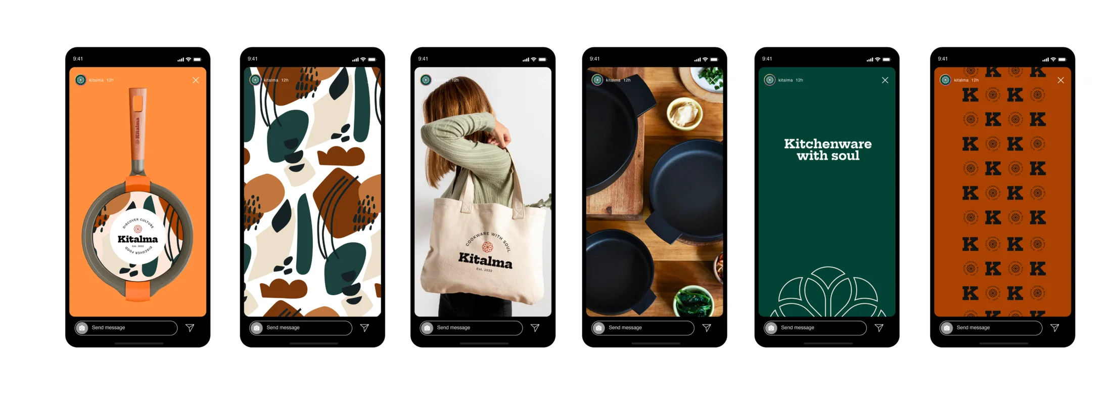 Six Kitalma social media stories on phone screens, showing products, pattern and the rosette.