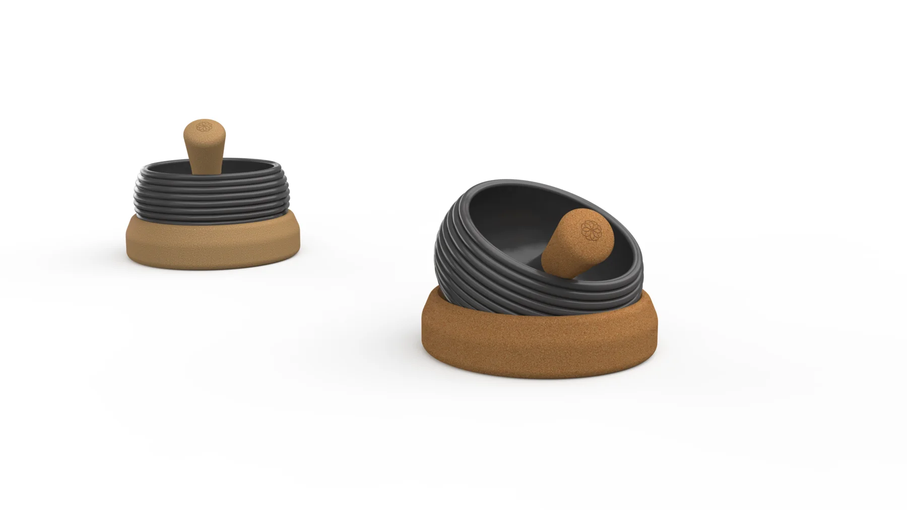 Two Kitalma grinder forms with dark ribbed bodies on cork bases.