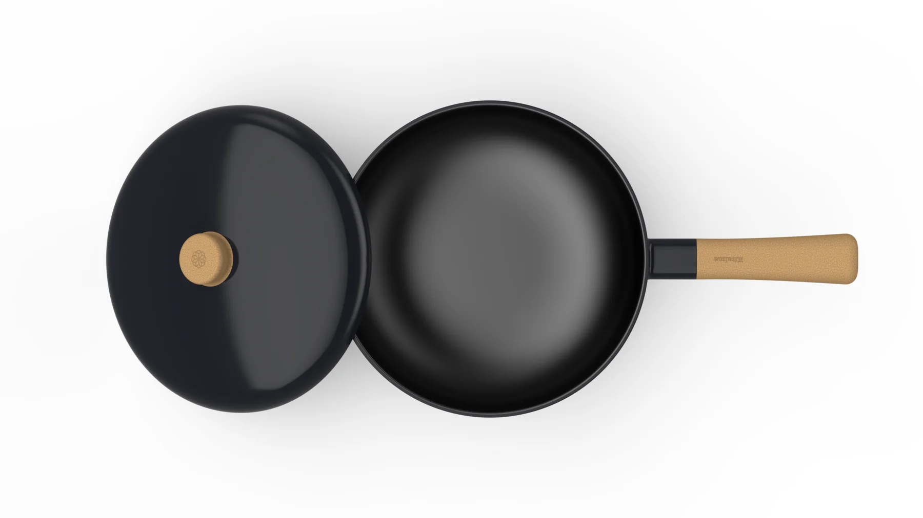 Mass study of a Kitalma skillet and lid with a bamboo handle, seen from above.