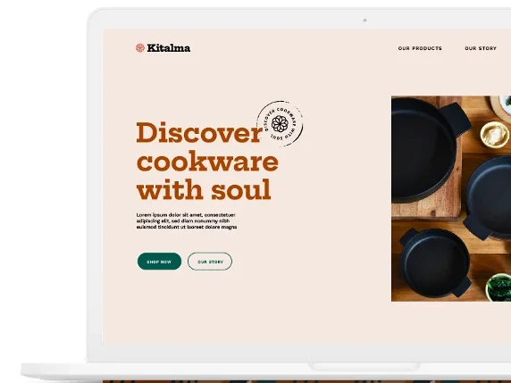 Kitalma website design, hero screen with the line Discover cookware with soul.