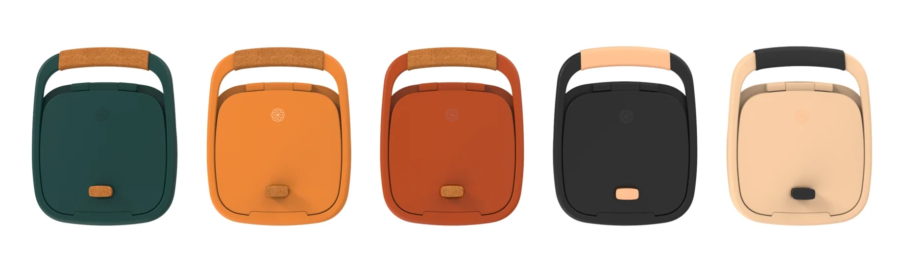 The Kitalma press in five colorways lined up in a row: green, orange, rust, black and sand.