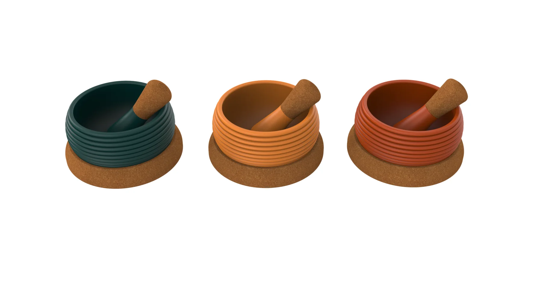 Kitalma mortar and pestle in green, orange and rust colorways on cork bases.