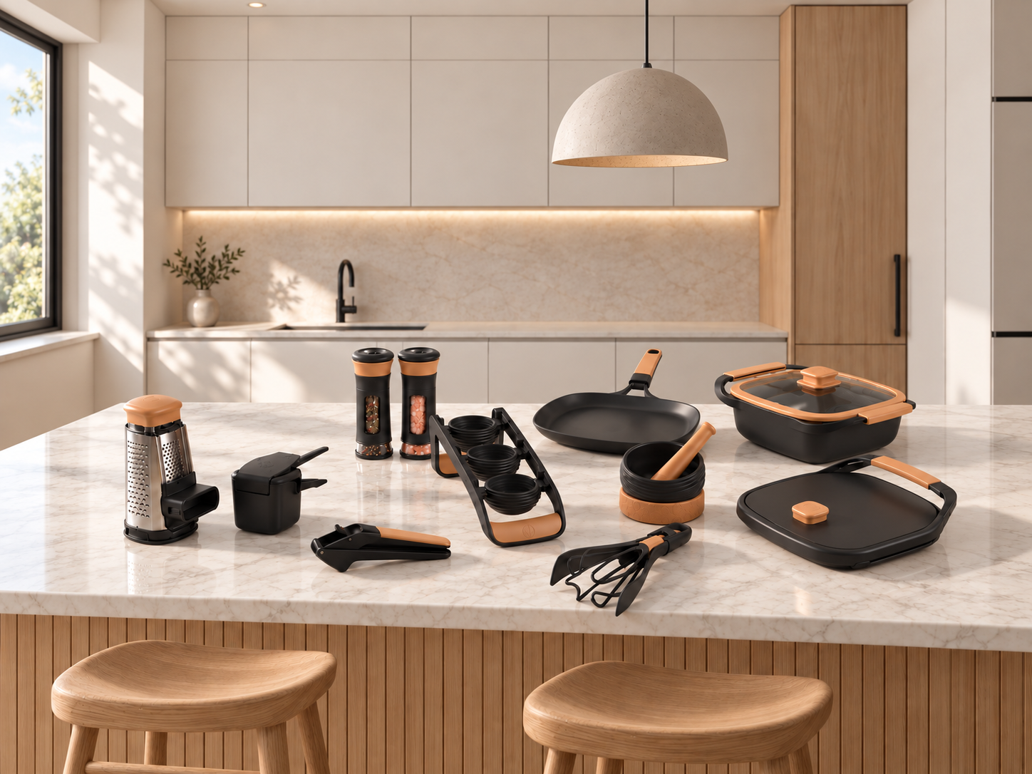 The Kitalma product family on a marble kitchen island: grater, press, salt and pepper mills, measuring cups, skillet, mortar, covered pot, griddle and tongs.