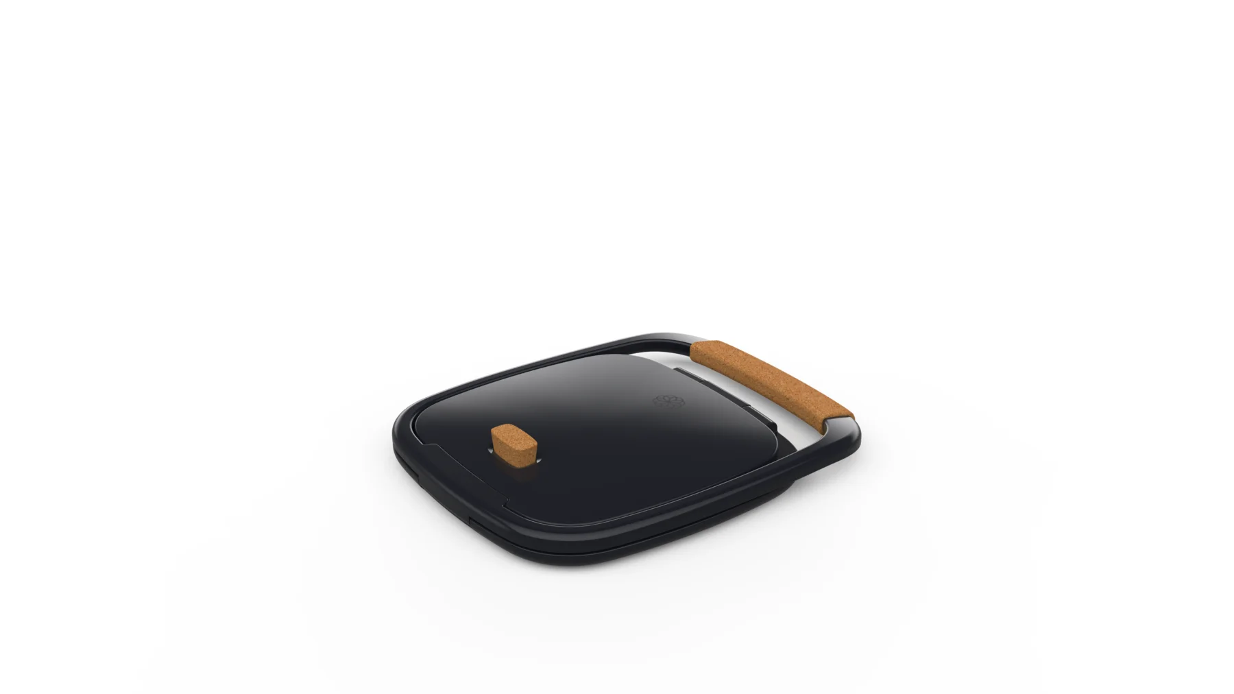 Form study of the Kitalma press, closed, in matte black with a cork handle and knob.